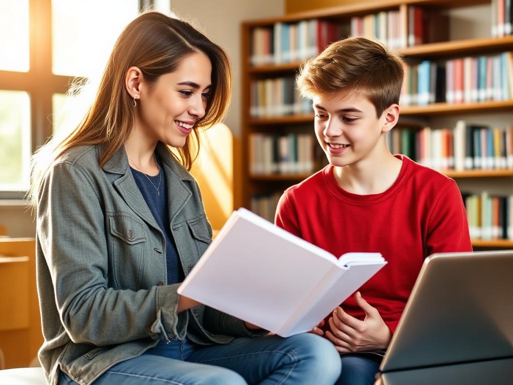 Mentora acompañando a un adolescente con una notebook