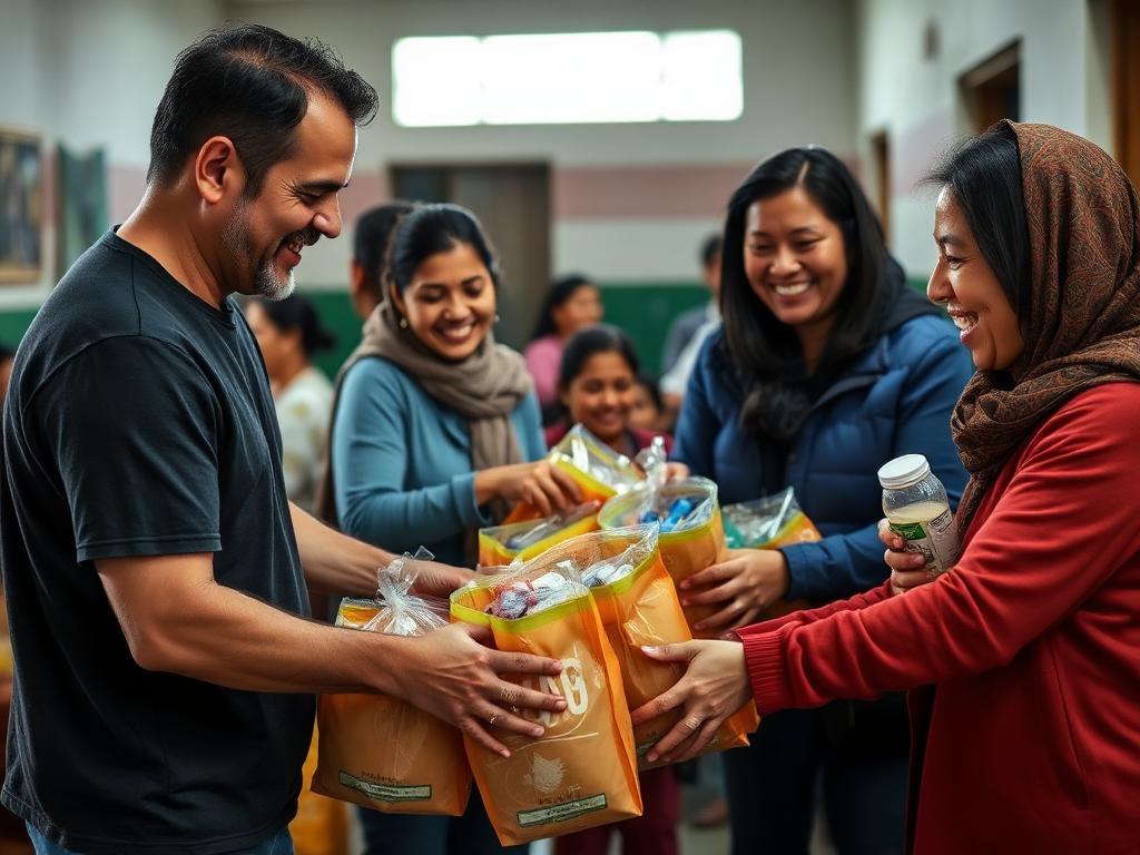 Voluntarios entregando bolsones a familias
